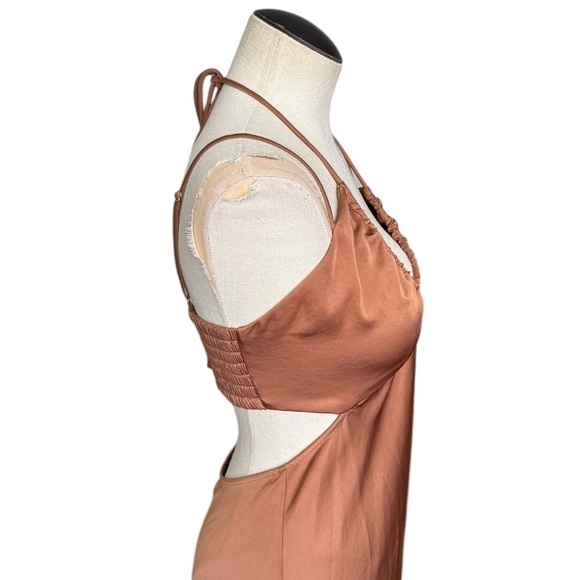 A.L.C. Sienna Cut Out Shirred Satin Midi Dress in Rawhide Brown Size:6 - Picture 9 of 14